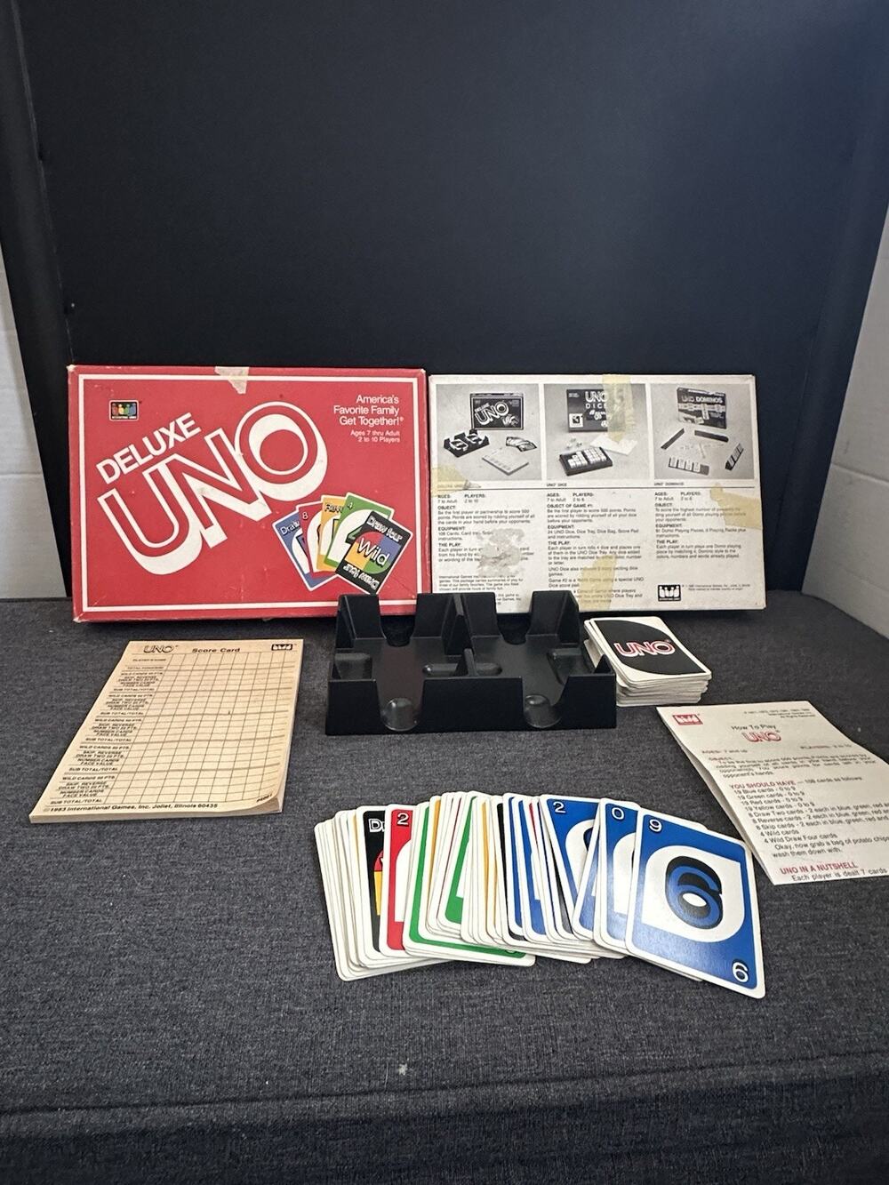 Vintage 1986 Deluxe UNO Card Game COMPLETE 108 Cards Tray Score Pad No 3001